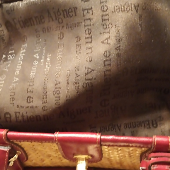 Etienne Aigner straw handbag brown with burgundy  Cordovan trim - Picture 8 of 13